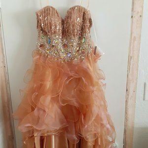 Rose gold/copper iridescent strapless occasional/prom/party high low dress/gown